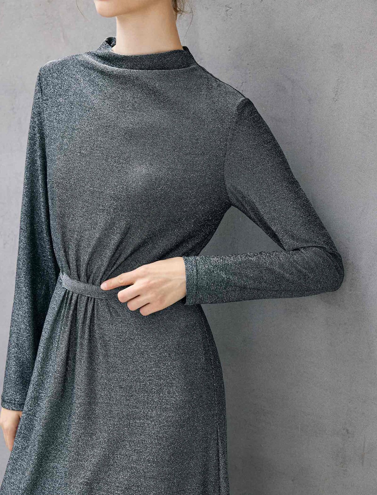 Ruched Stand-Collar Long Sleeve Fitted Dress
