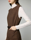 Wool Blend Striped V-Neck Belted Sleeveless Midi Dress