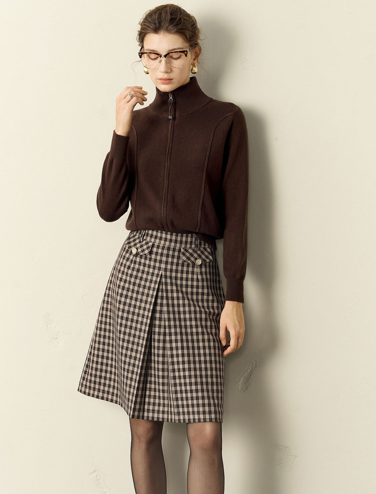 Brown Plaid Front Slit Midi Skirt