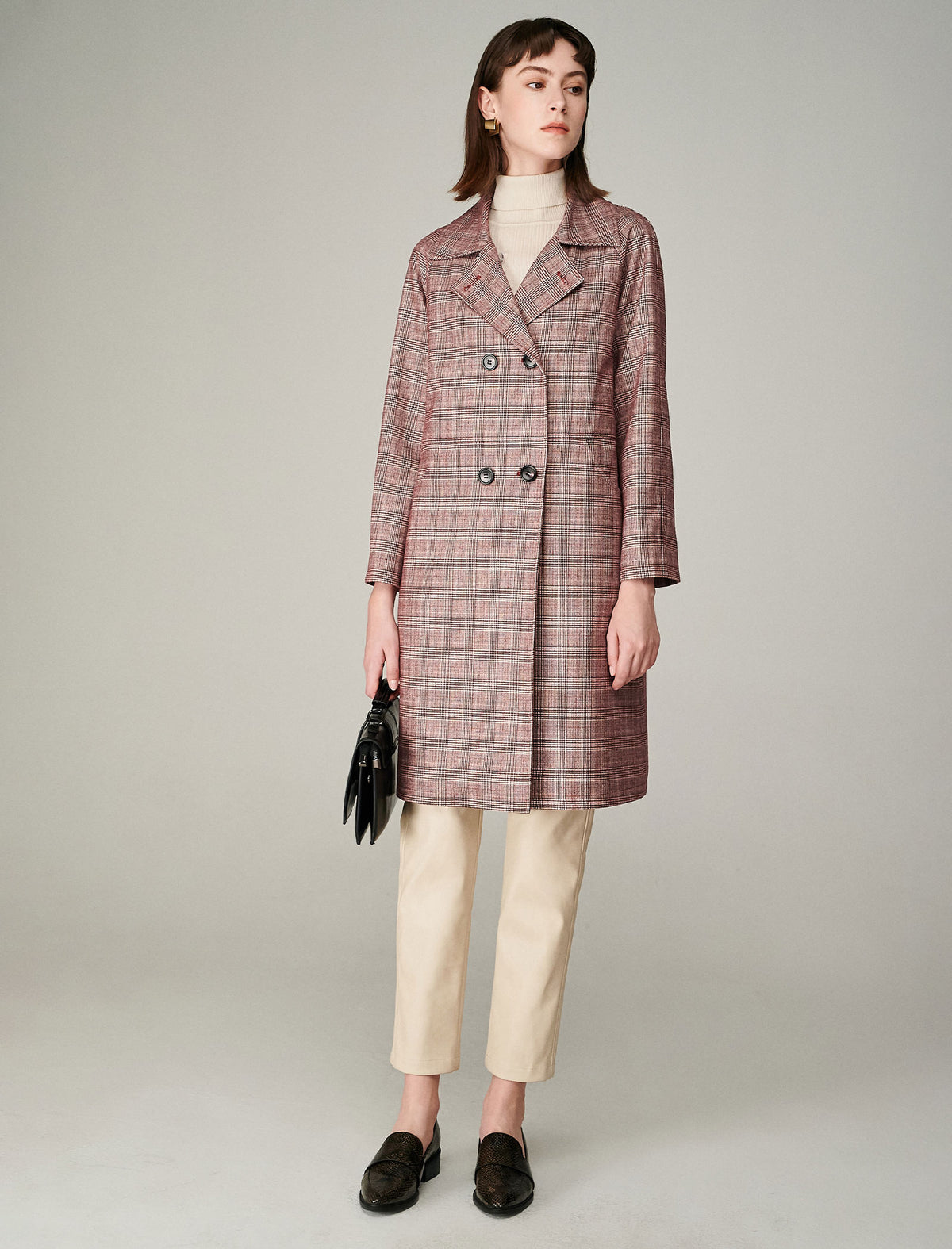 Plaid Collared Raglan-Sleeve Double-Breasted Trench Coat