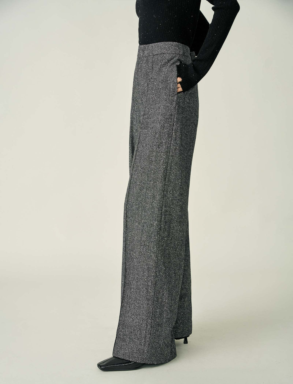 Wool Blend High-Waist Wide-Leg Full-Length Pants