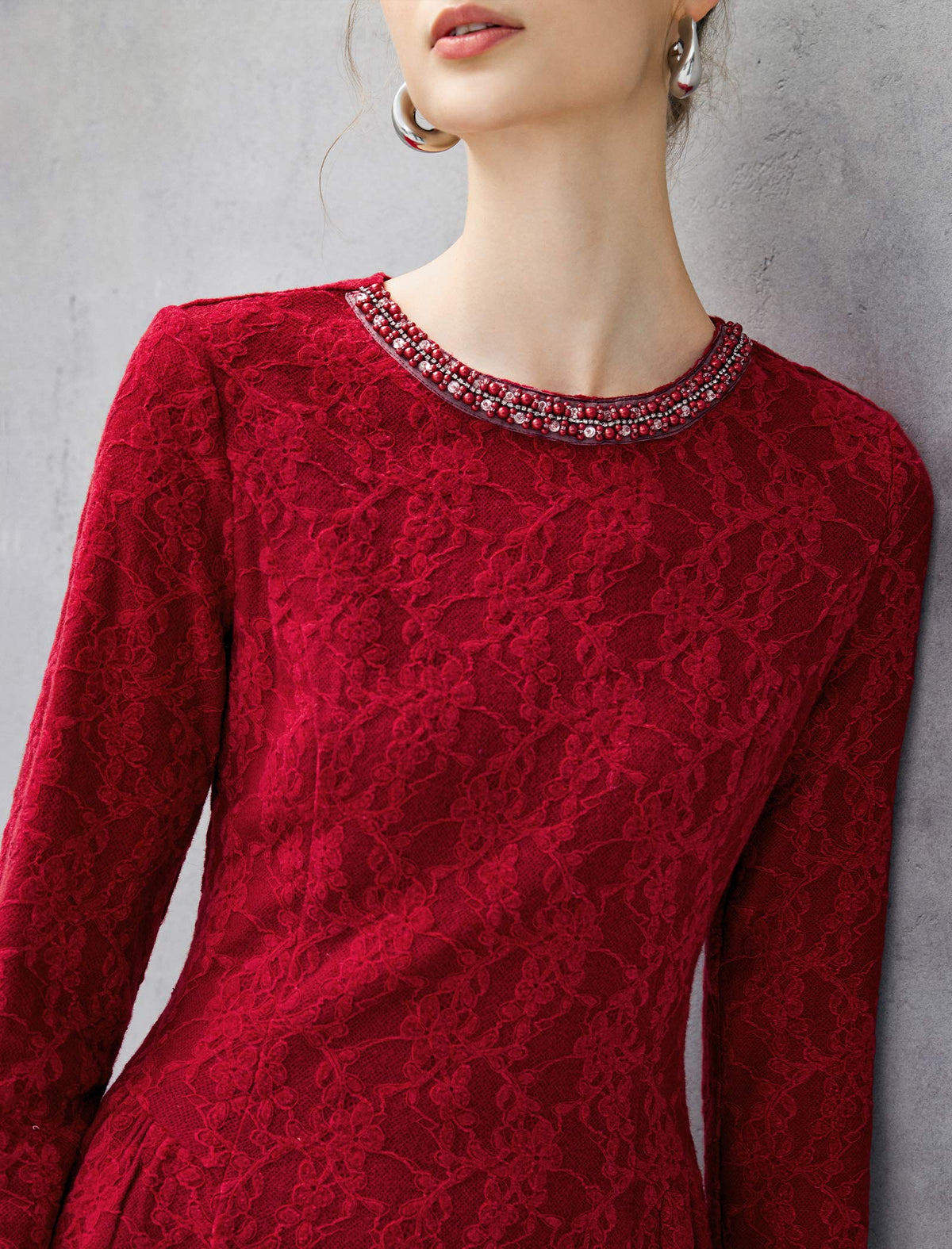 Beaded Lace Crewneck Long Sleeve A-Line Dress