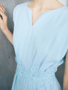 Light Blue Notched Neck Lace Waist Cap Sleeve Midi Dress