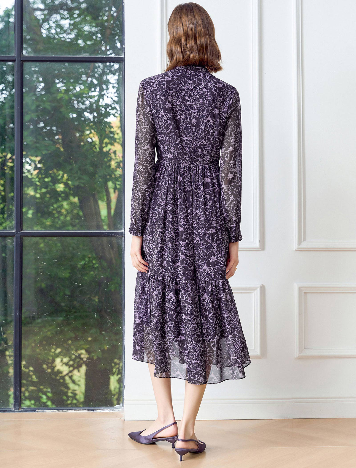 Purple Floral Tie-Neck Midi Dress