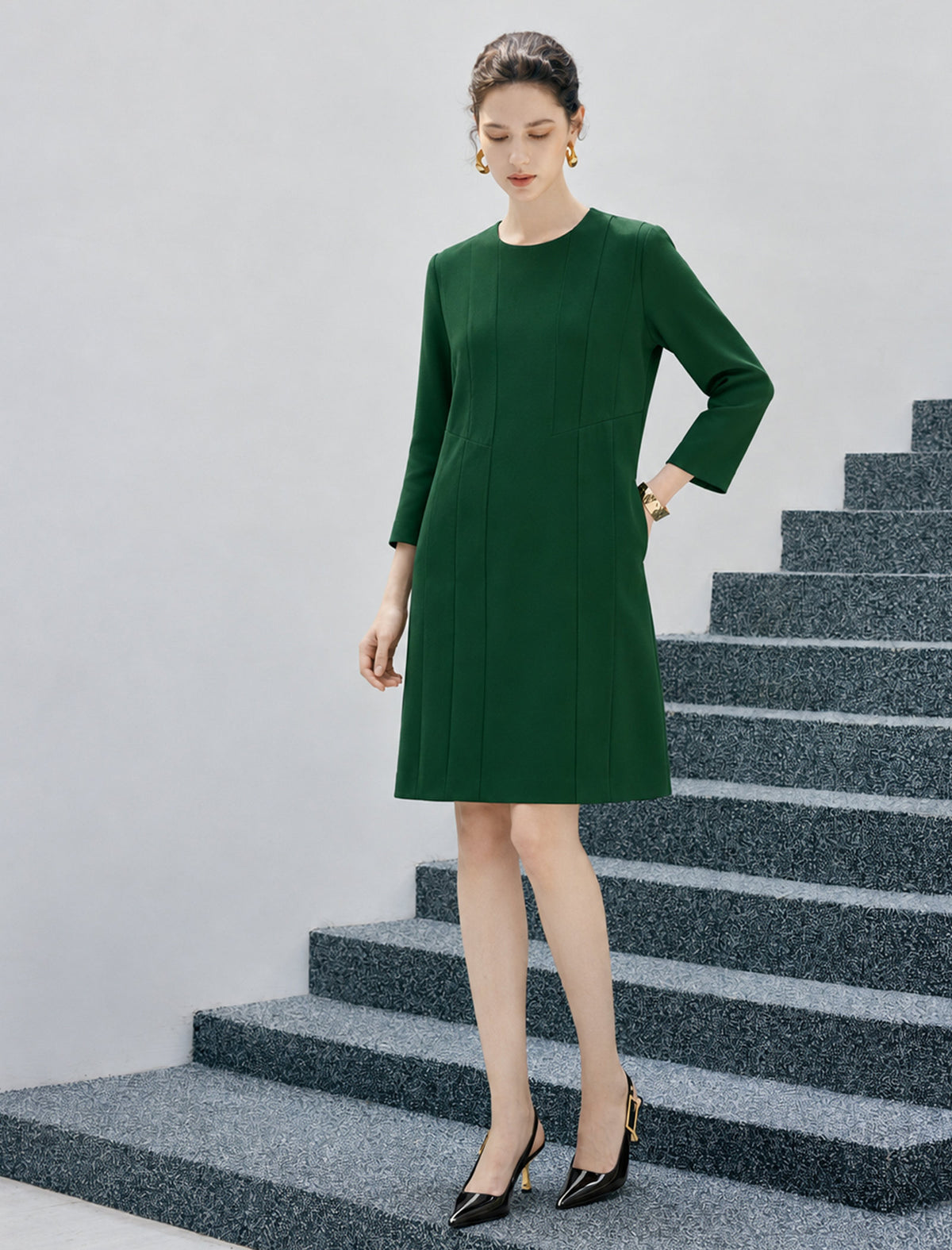 Wool Blend Quilted Button-Front Straight-Fit Dress