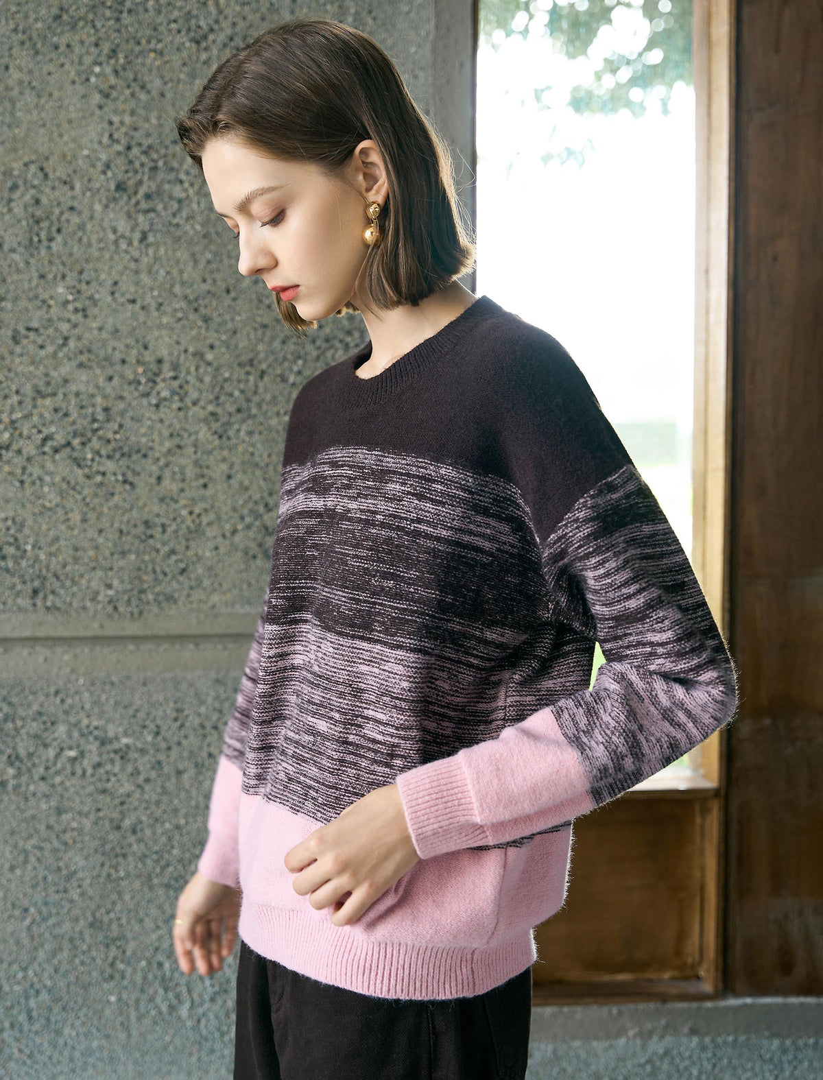 Wool Gradient Striped Crew Neck Relaxed Knit Sweater