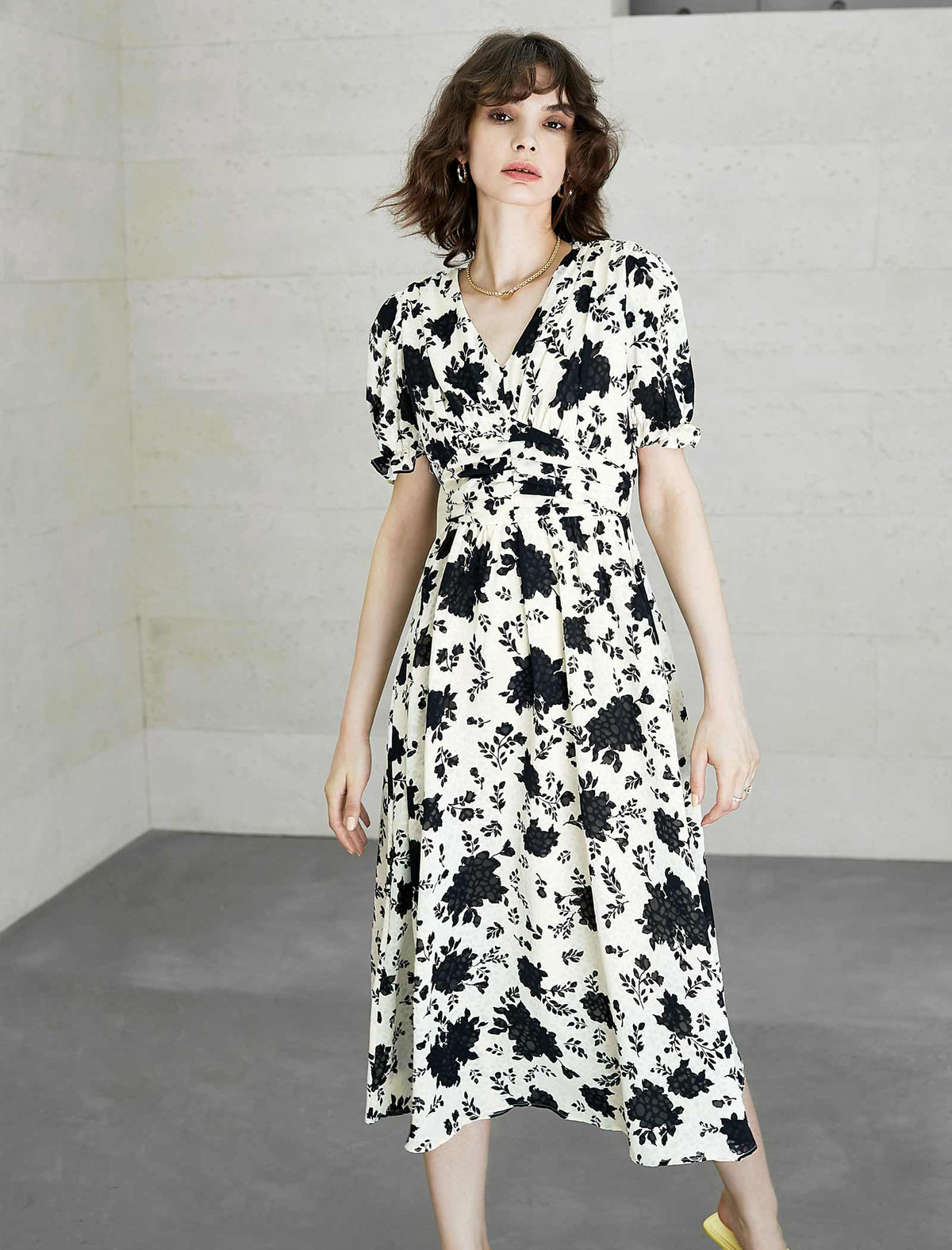 V-Neck Floral Waist-Cinched Dress