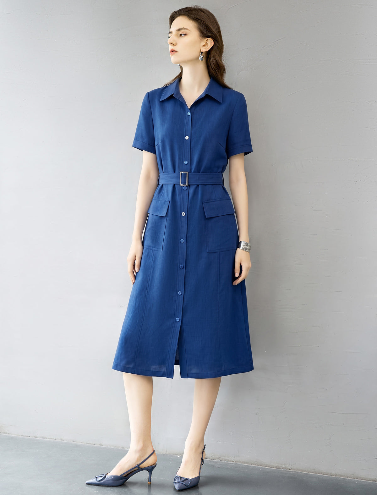 Klein Blue Utility‑Style Shirt Midi Dress