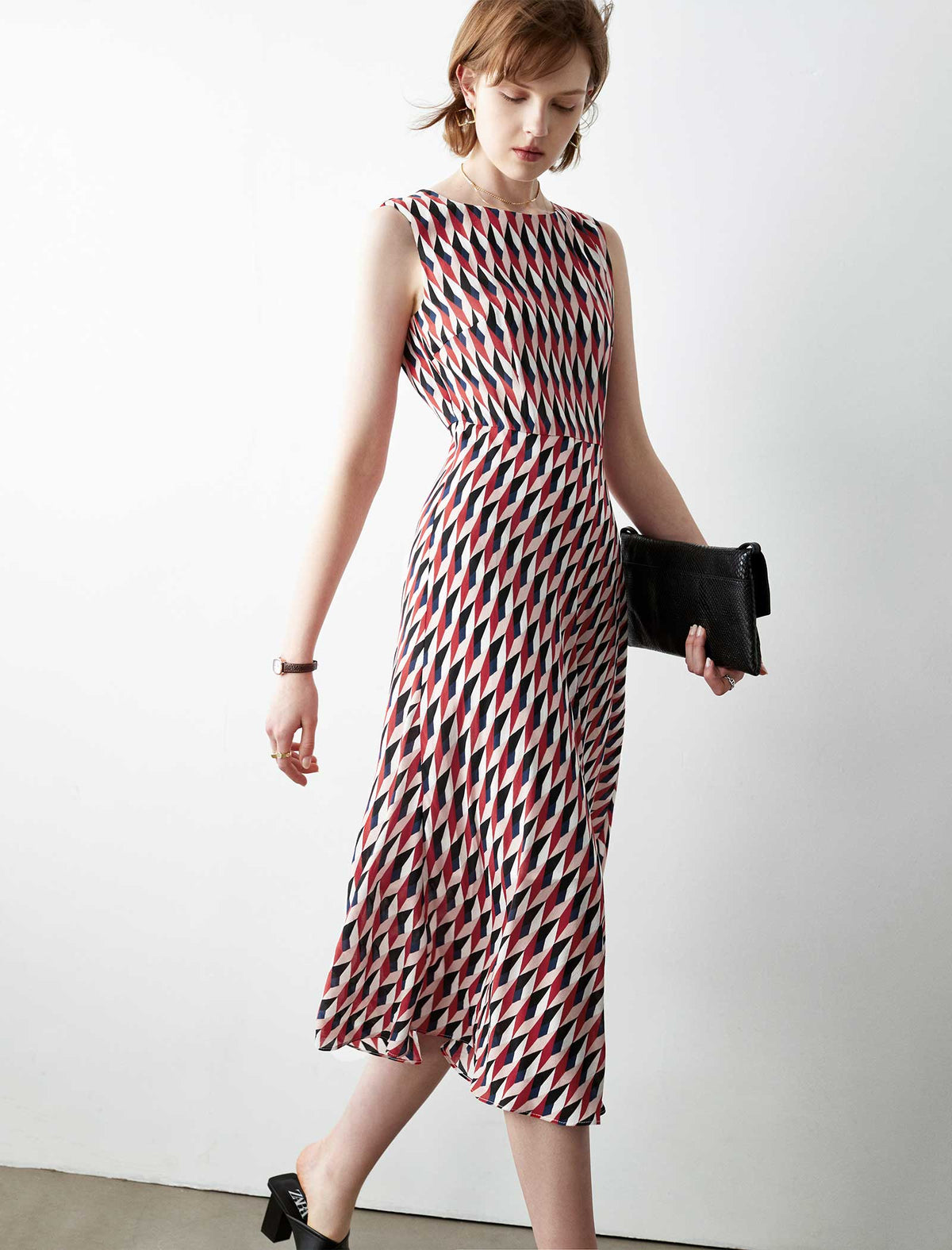 100% Silk Geometric Print Sleeveless Midi Dress