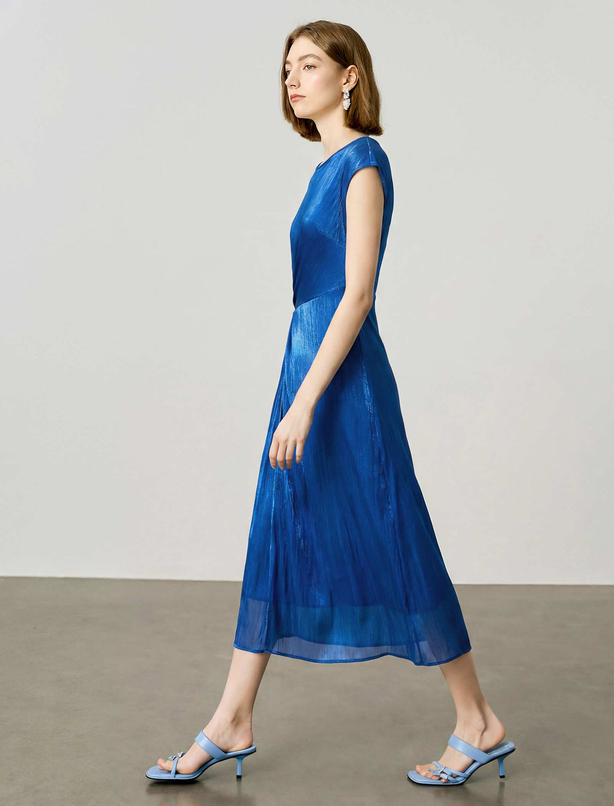 Metallic Blue Cap-Sleeve Midi Dress