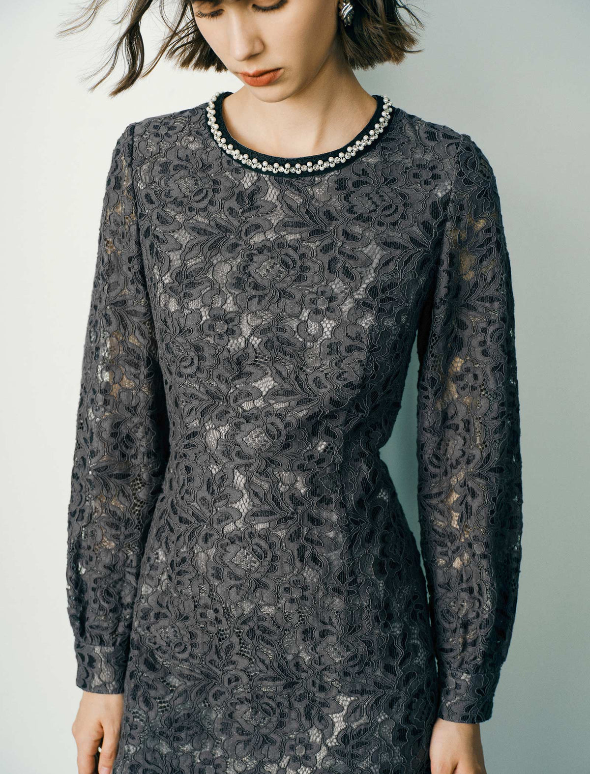 Lace Beaded Neckline Midi Dress