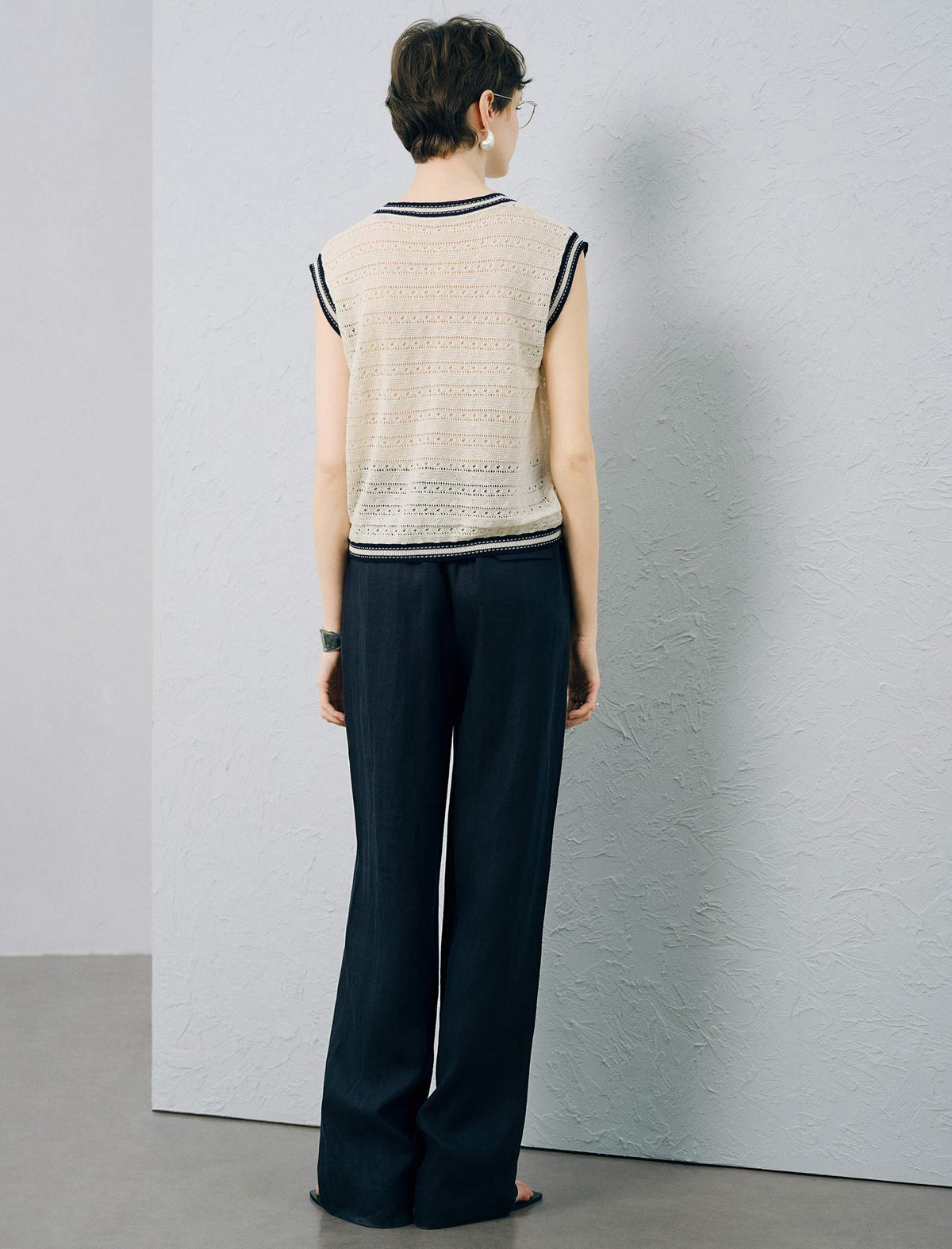 Embroidered Open‑work Knit Vest Cardigan