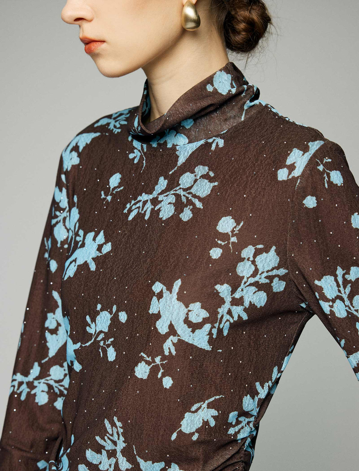 Floral Print Rhinestone Ruched Turtleneck Long Sleeve Top