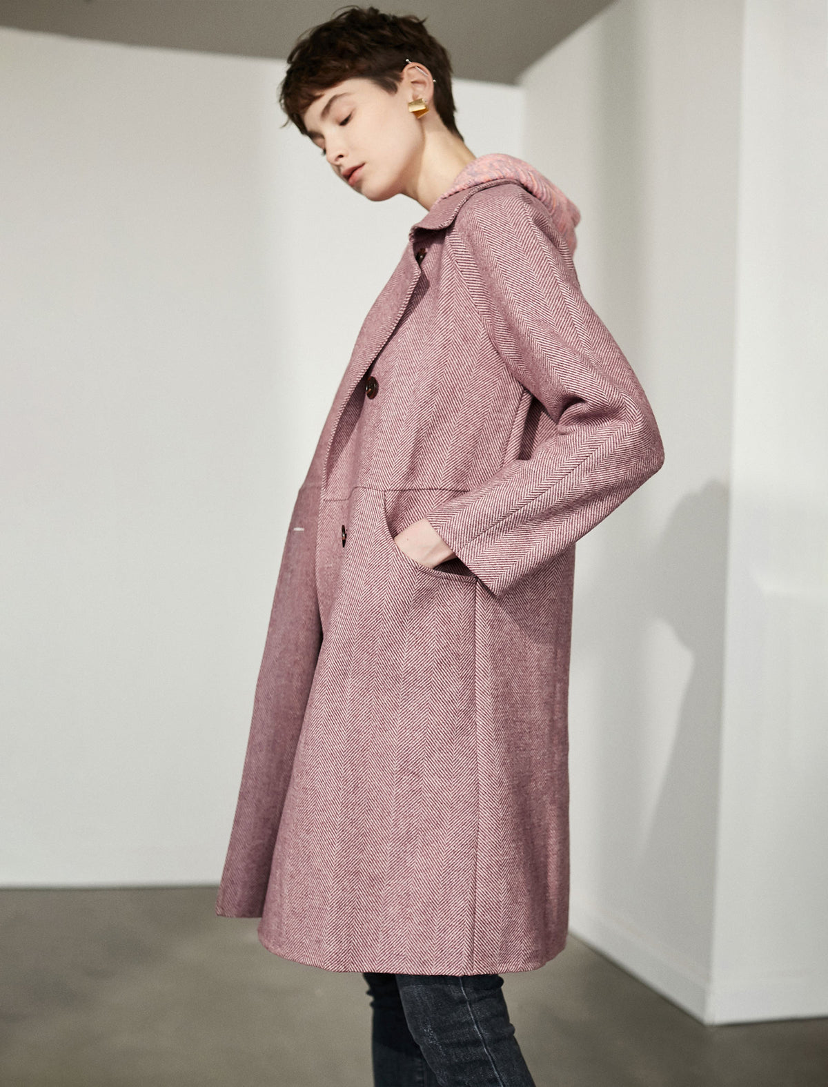 Wool Blend Collared Double-Breasted Pocket Coat