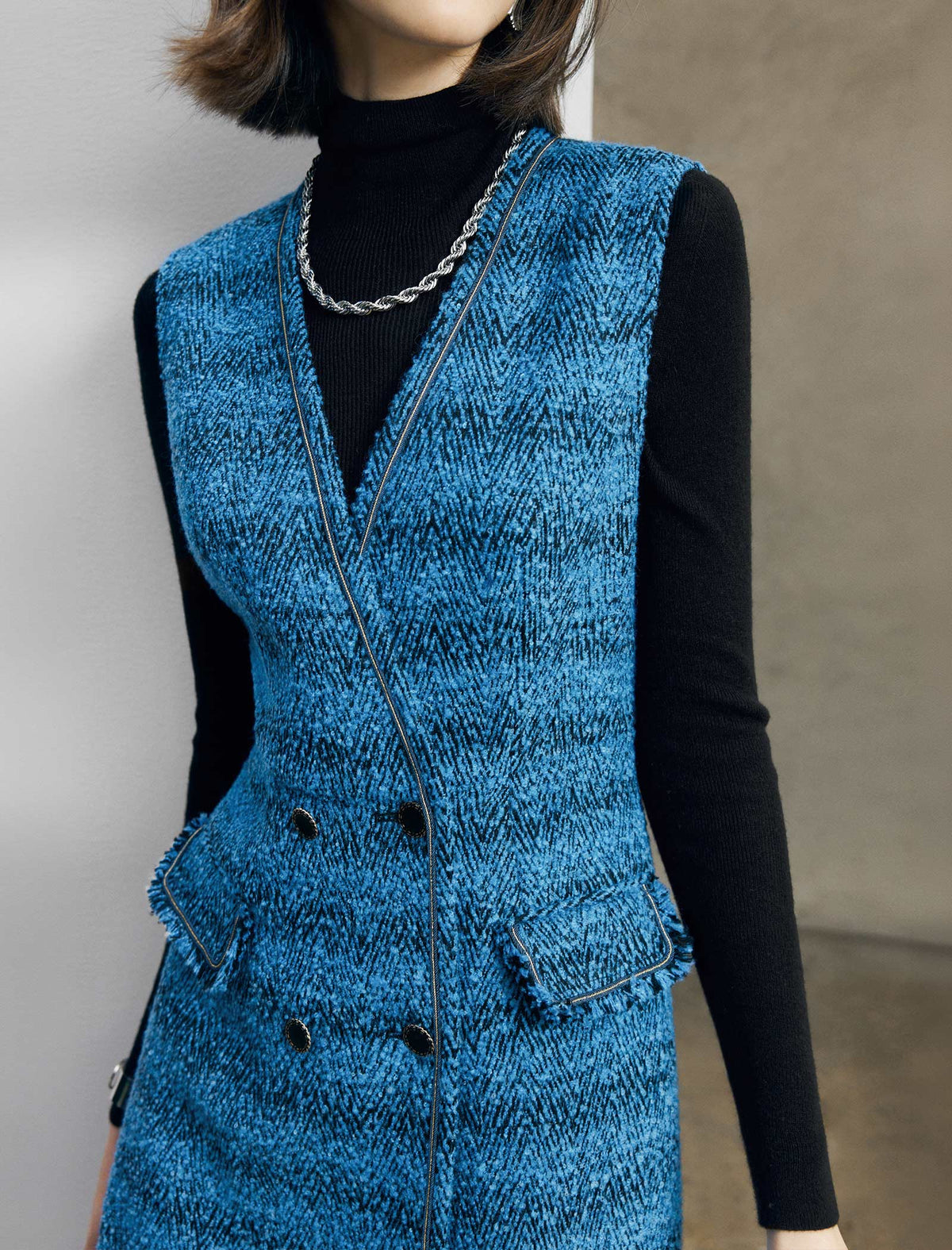 Wool Blend Jacquard Double-Breasted Pocket Dress