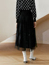 Black Bow Beaded Tulle Pleated Midi Skirt