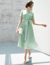 Waist-Cinched A-Line Pleated Short Sleeve Dress