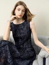 Black Floral Embroidered Mesh Midi Dress