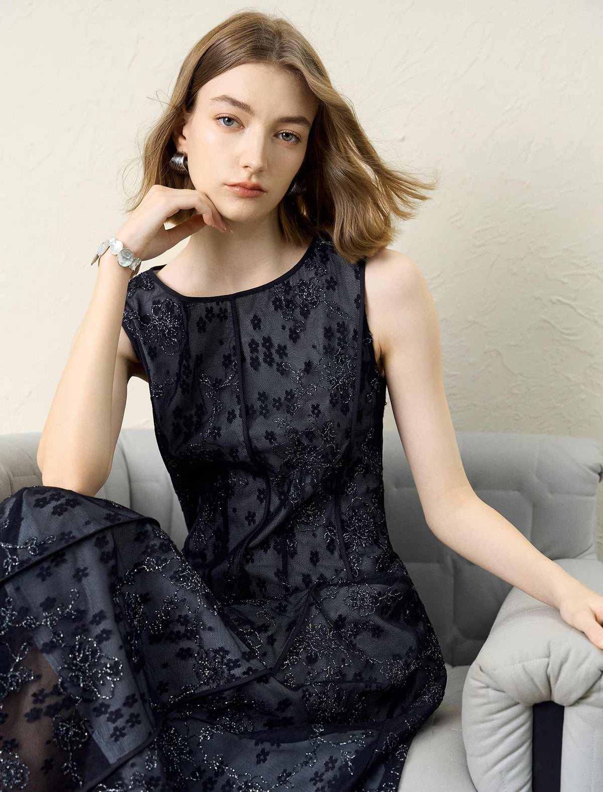 Black Floral Embroidered Mesh Midi Dress