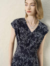 Floral V-Neck Cap Sleeve Belted Tencel Linen Midi Dress