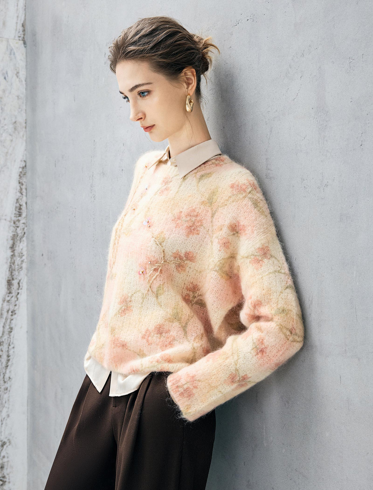 Wool Blend Floral Sequin Crewneck Relaxed Sweater
