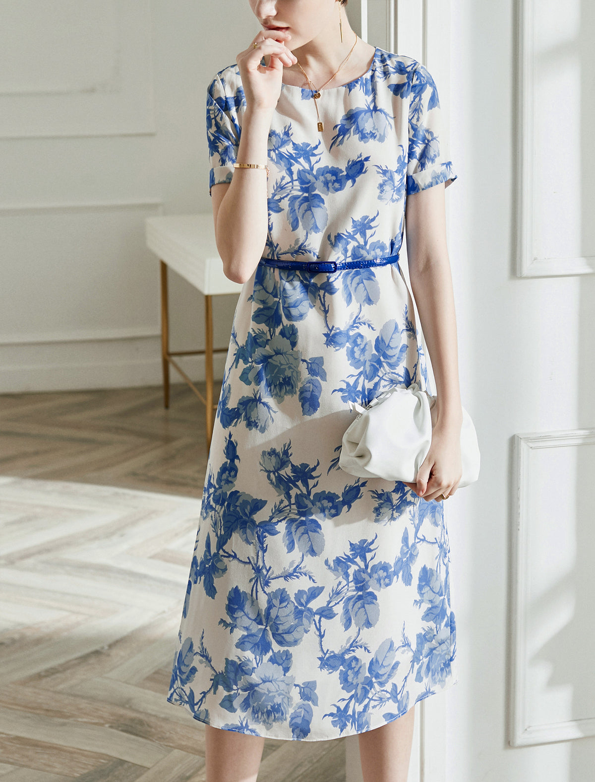 Elegant Floral Silk Dress with Cinched Waist