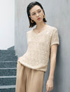 Beige Wave Open Knit V-Neck Short Sleeve Top