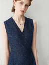 Navy Blue Sleeveless Lace Wrap Sheath Dress
