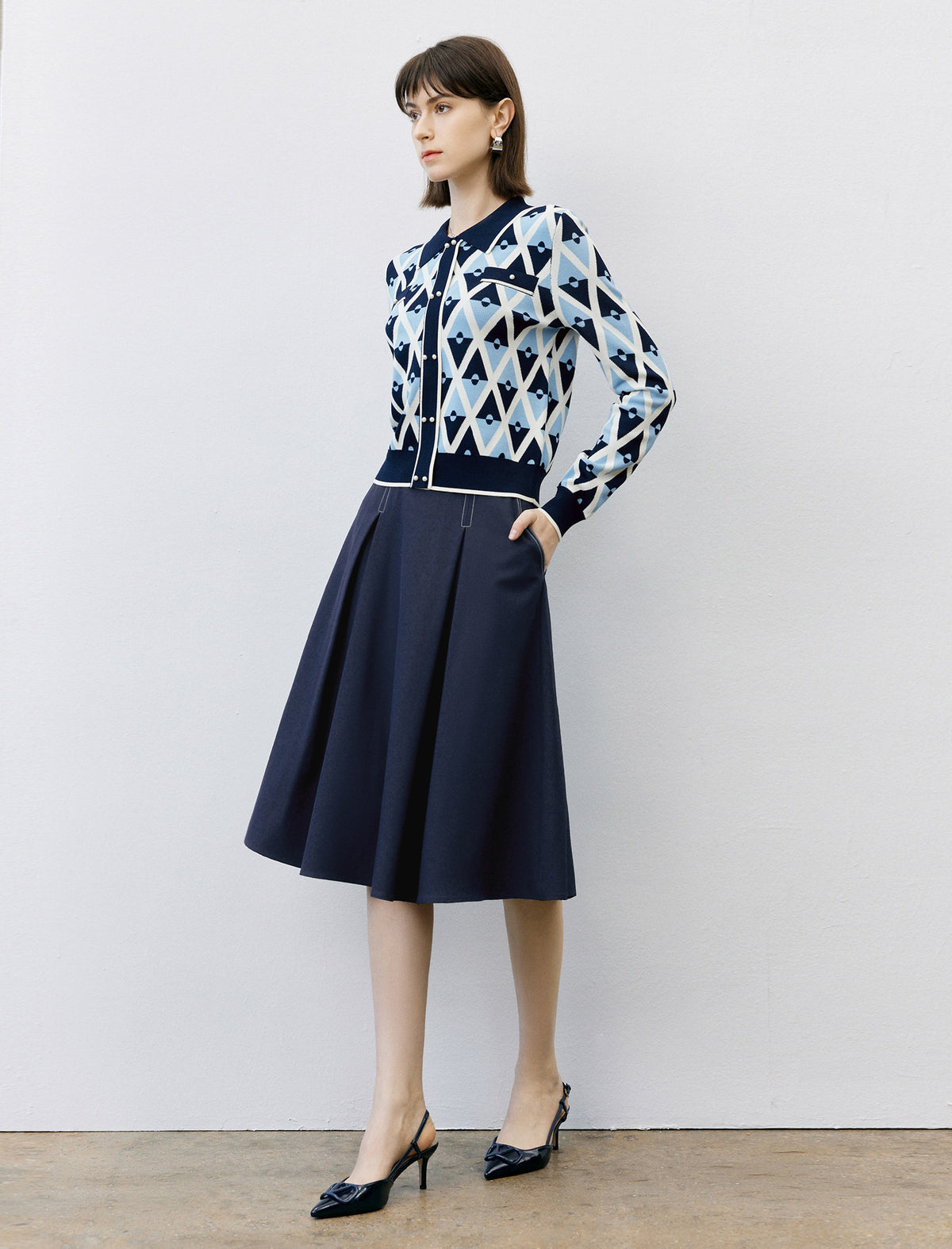 Vintage Pleated A‑Line Midi Skirt