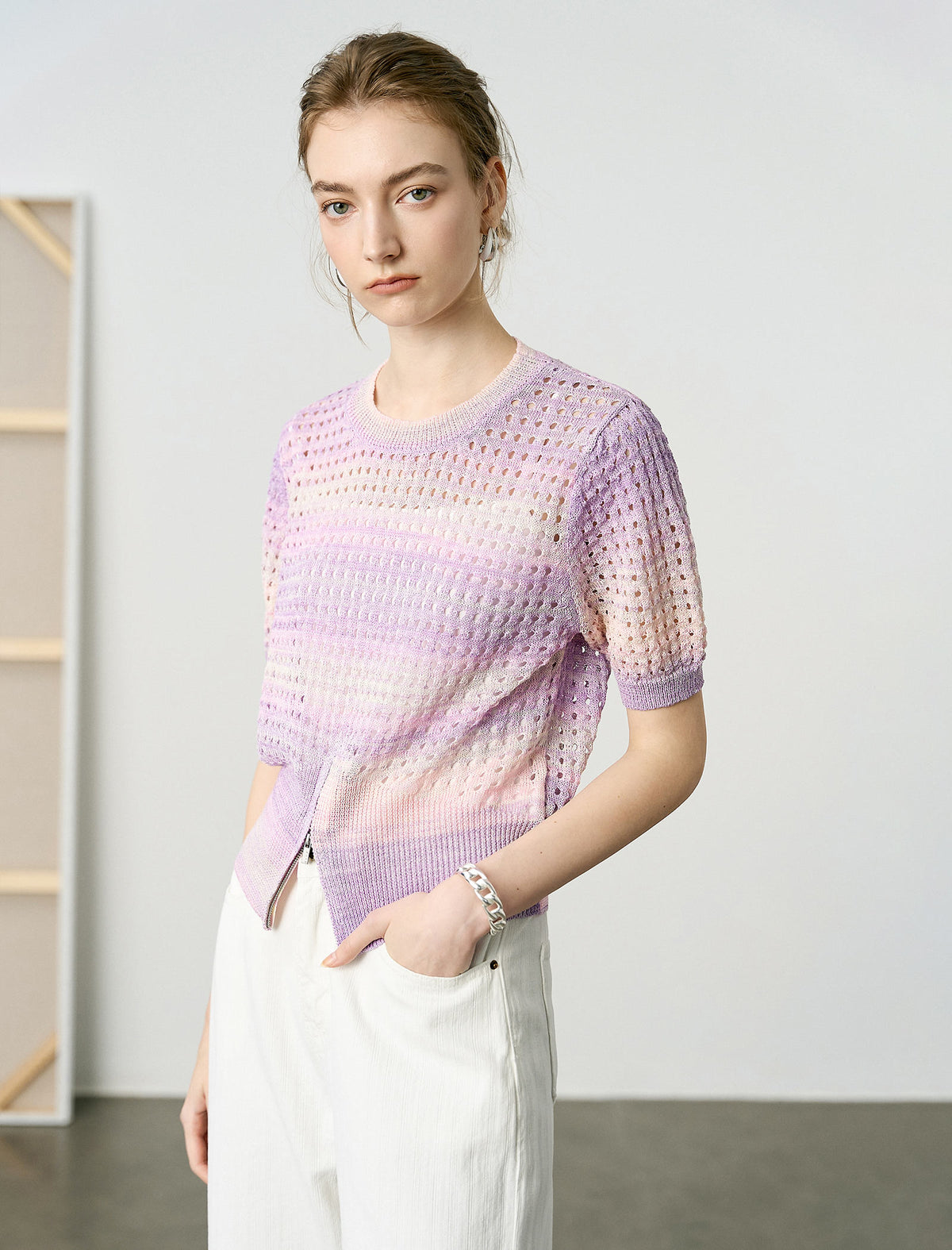 Gradient Hollow-Knit Short-Sleeve Knit Blouse