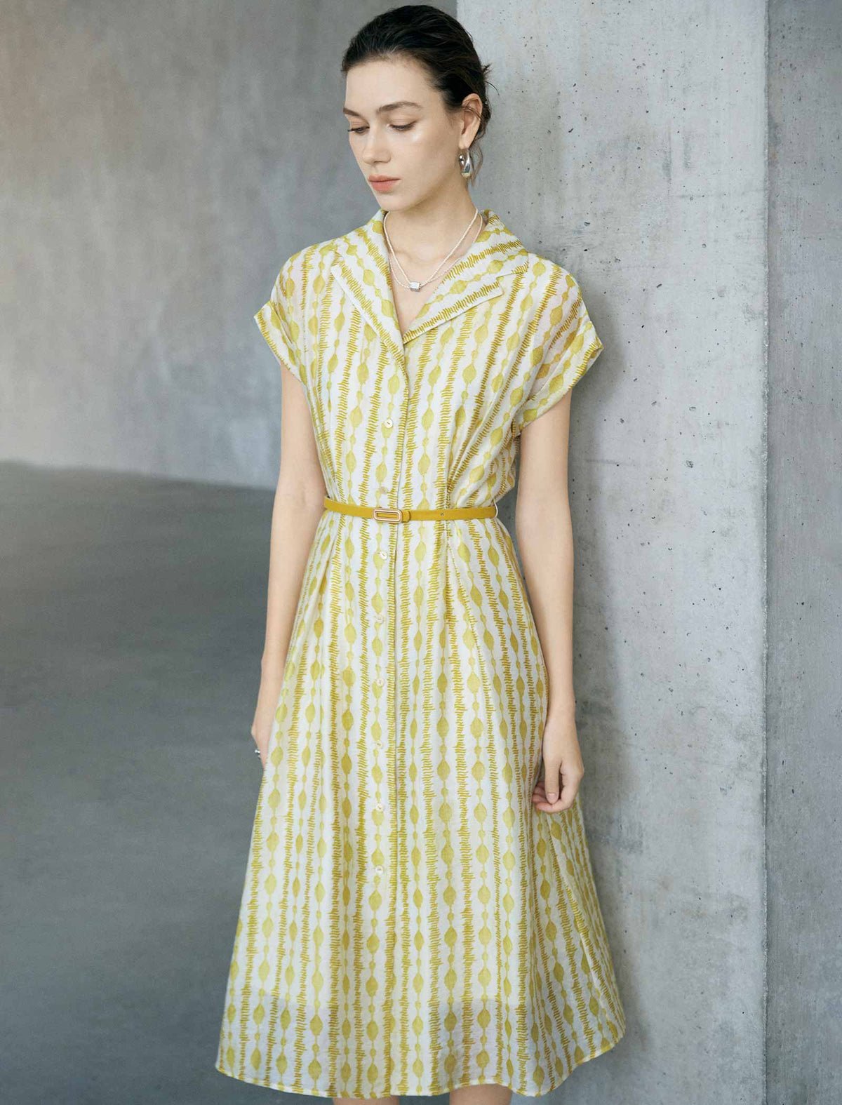 Yellow Geometric Print Lapel Cap Sleeve Belted Shirt Midi Dress