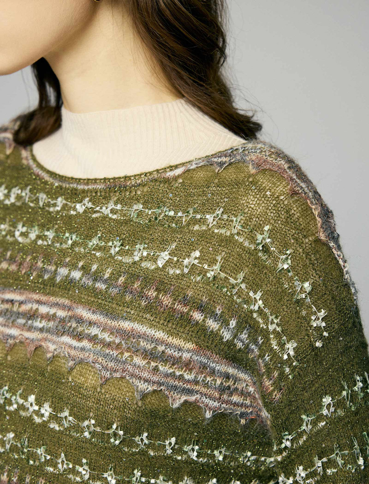 Wool Blend Shimmer Openwork Wave-Trim Crewneck Sweater