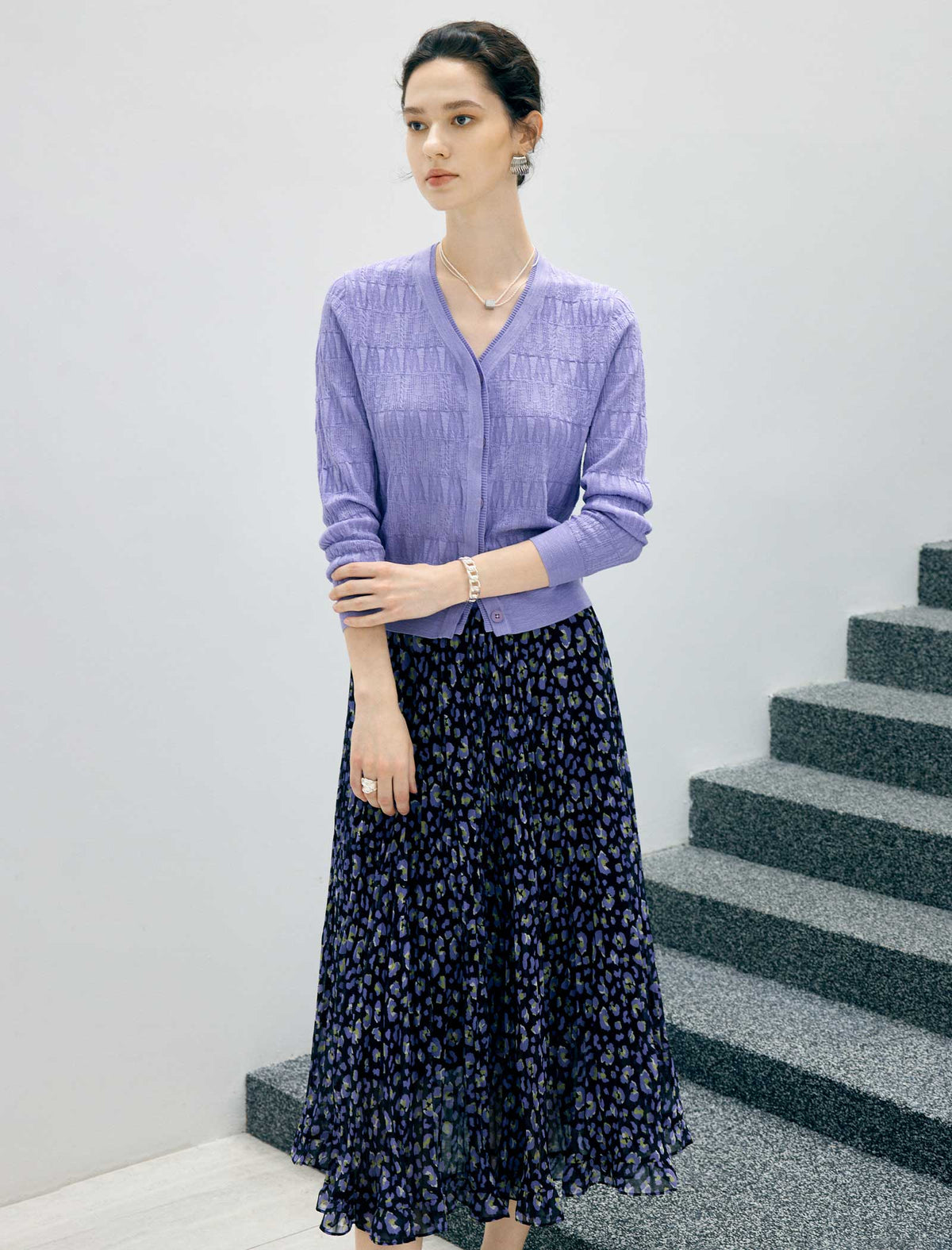 Textured V-Neck Button Front Long Sleeve Cardigan