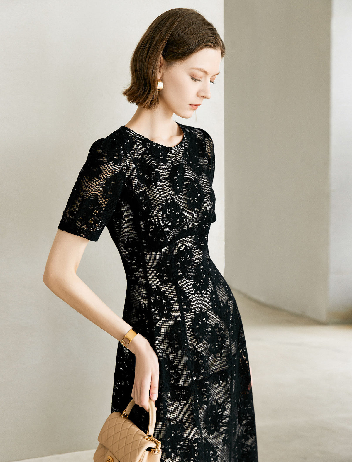 Noir Flocked Lace Midi Dress