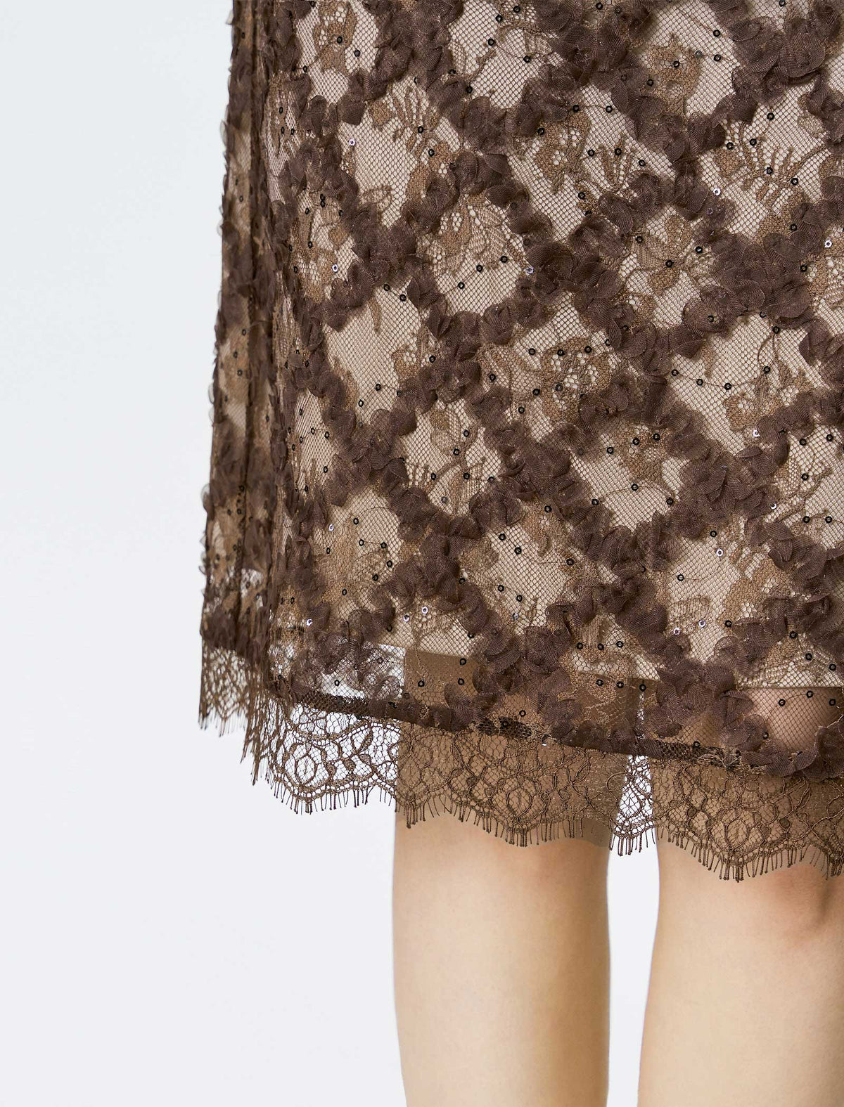 Brown Lace Embroidered Midi Skirt