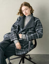 Grey Plaid Wool-Blend Self-Belt Coat