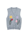Wool and Mulberry Silk Blend Floral Applique V-Neck Button-Front Vest