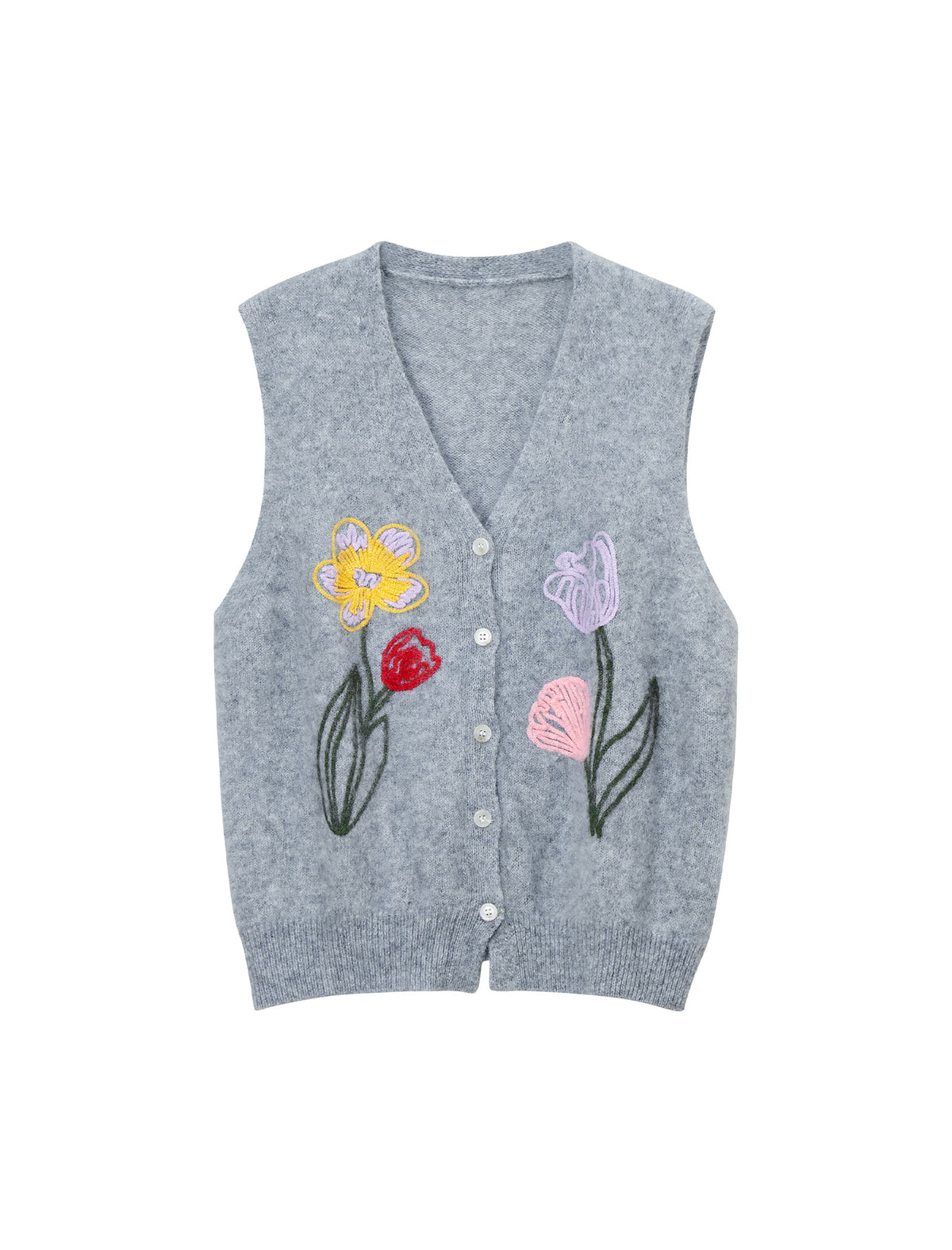 Wool and Mulberry Silk Blend Floral Applique V-Neck Button-Front Vest