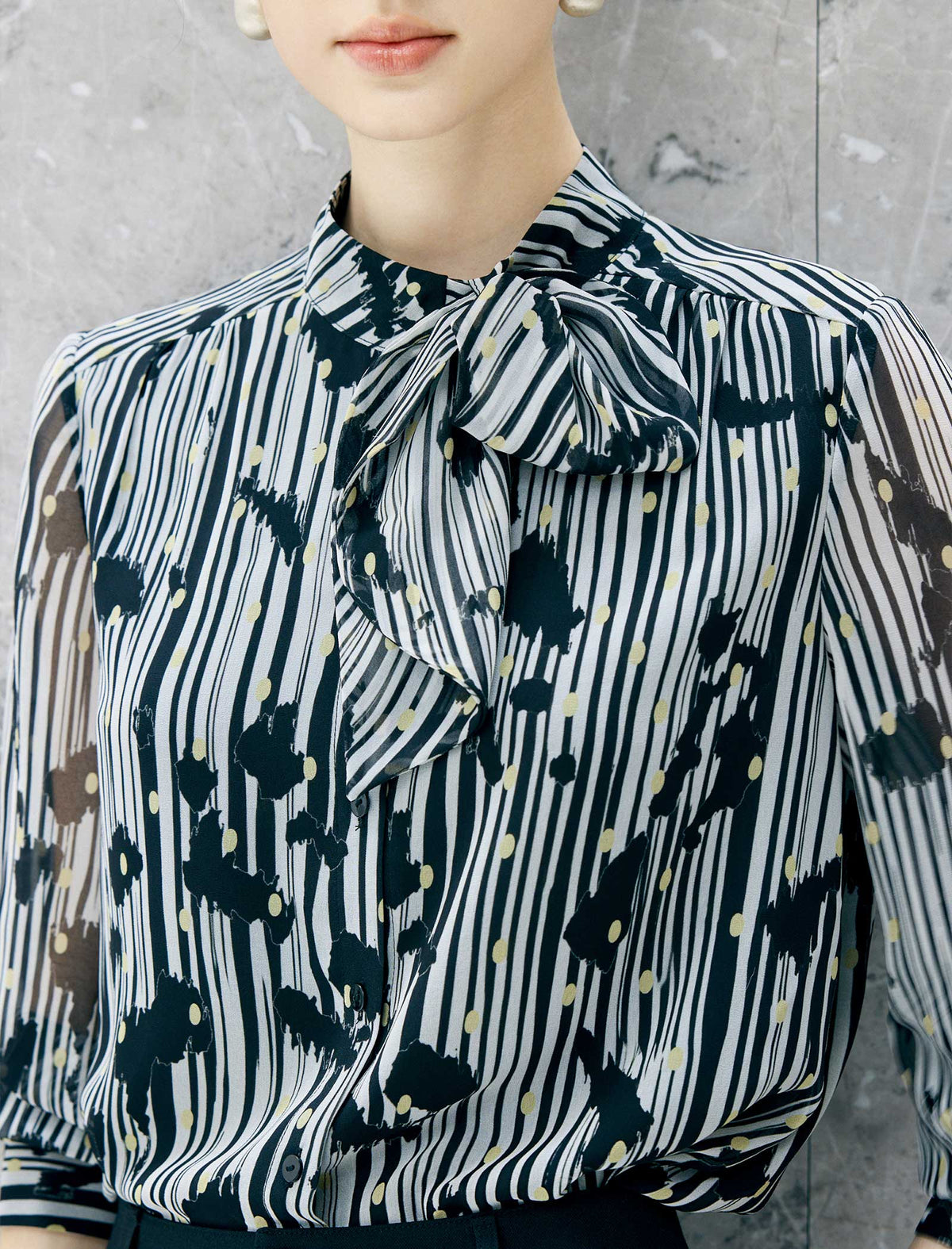 Vintage Stripe Dotted Bow Tie Chiffon Blouse