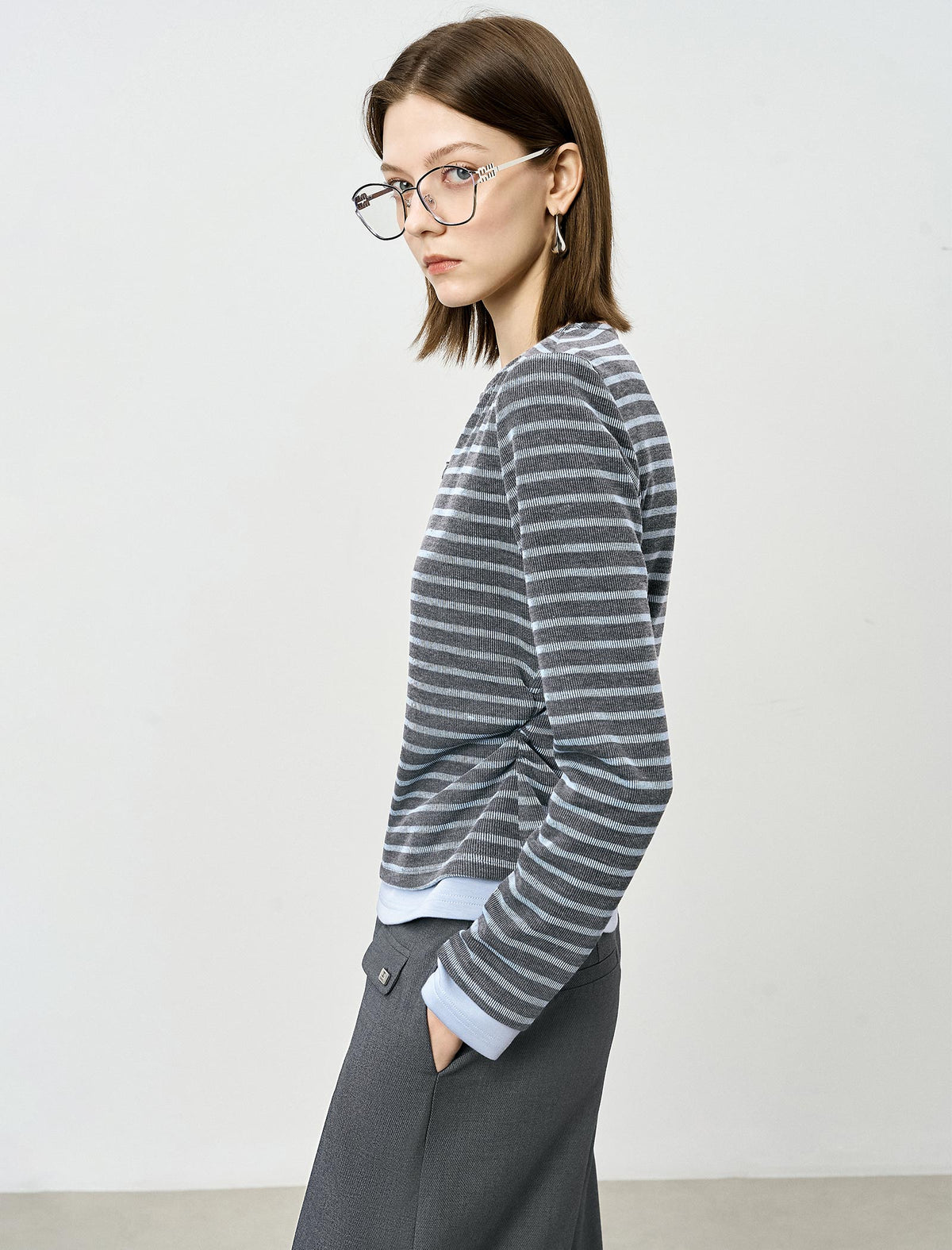 Stripe Long-Sleeve Notch-Neck Ruched Top