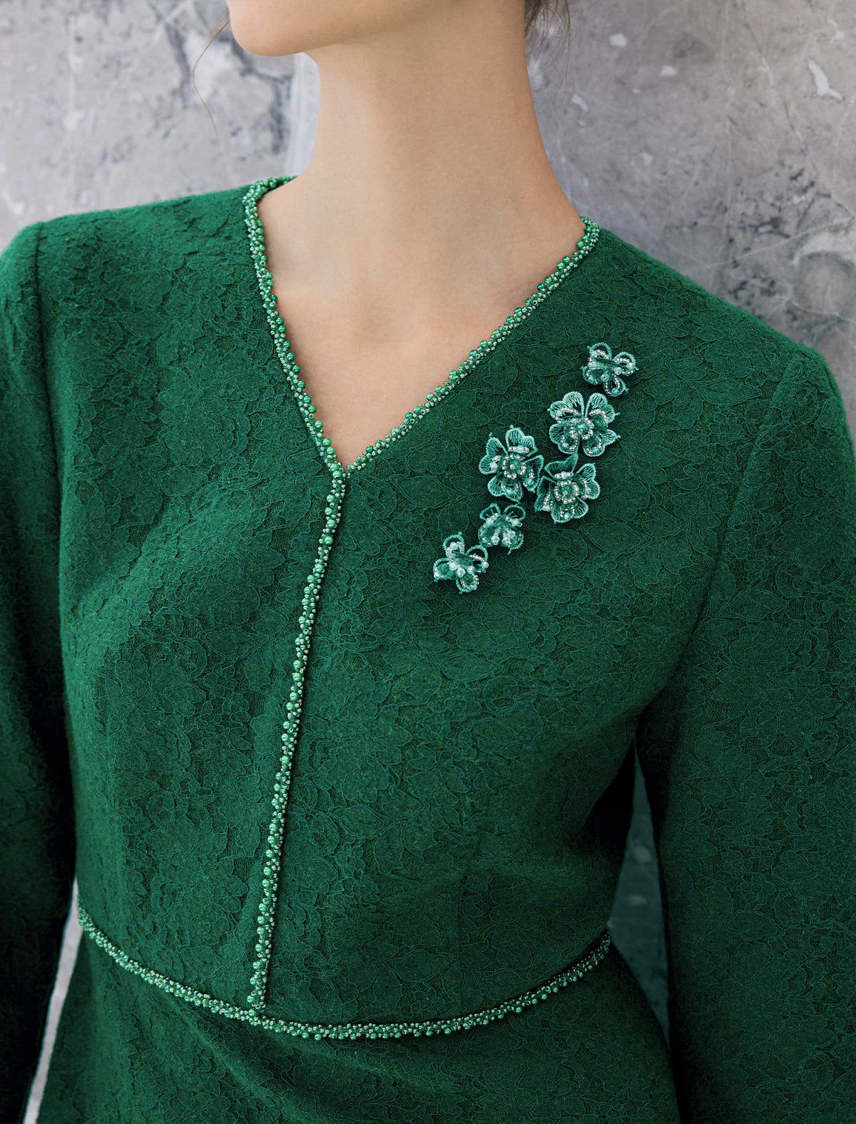 Jacquard V-Neck Chain-Trim Long Sleeve A-Line Midi Dress