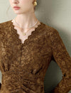 Brown Lace Ruched-Front Midi Dress