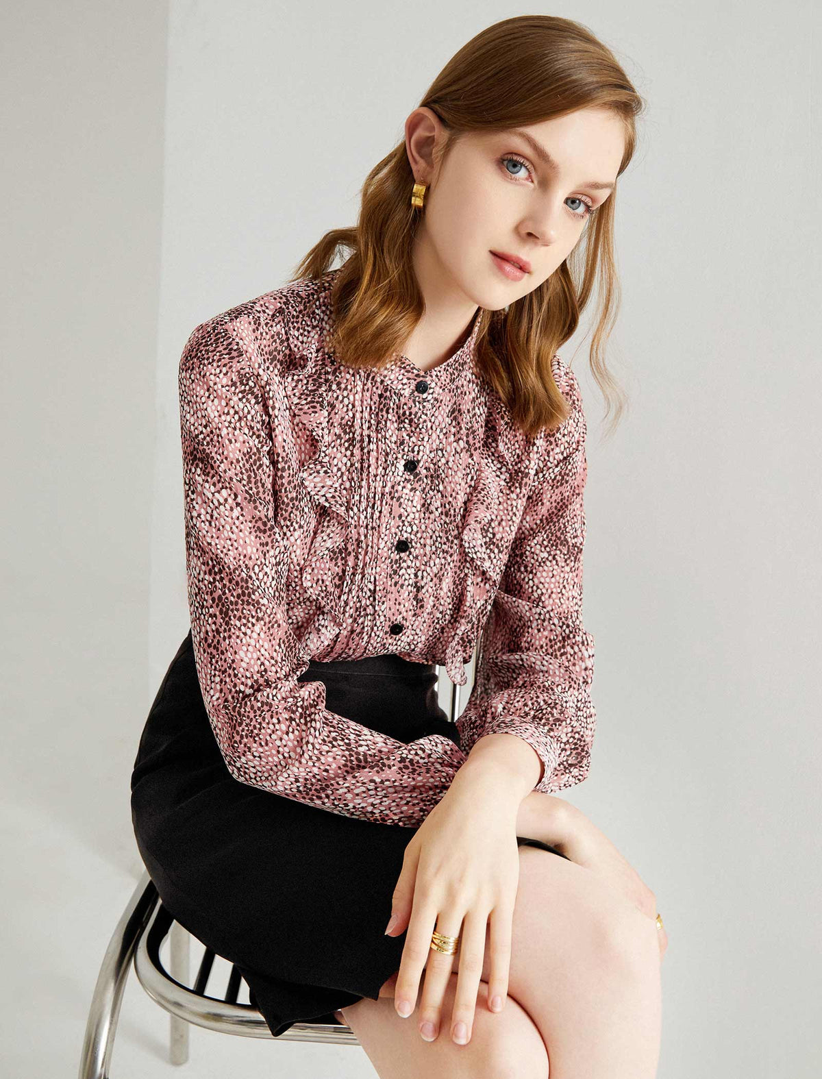 Print Ruffled Pleat Detail Blouse