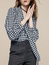 100% Mulberry Silk Houndstooth Tie-Neck Blouse