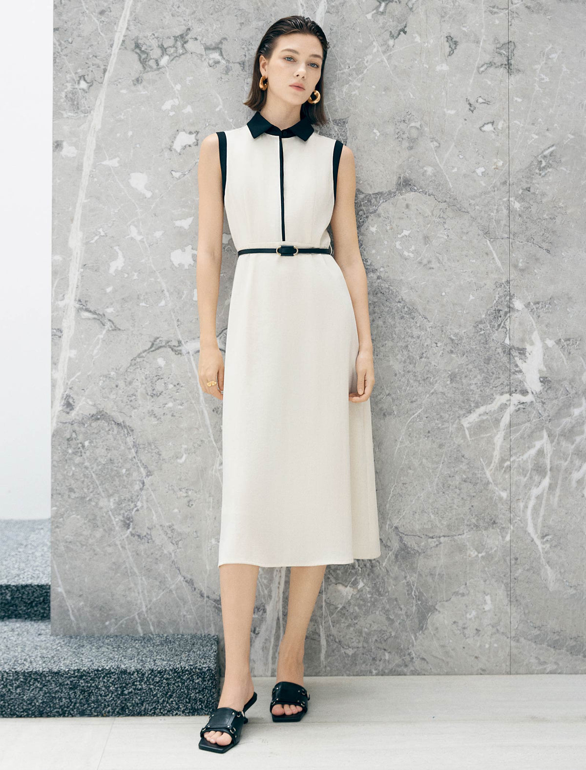 Contrast Collar Belted Midi Shirt Dress
