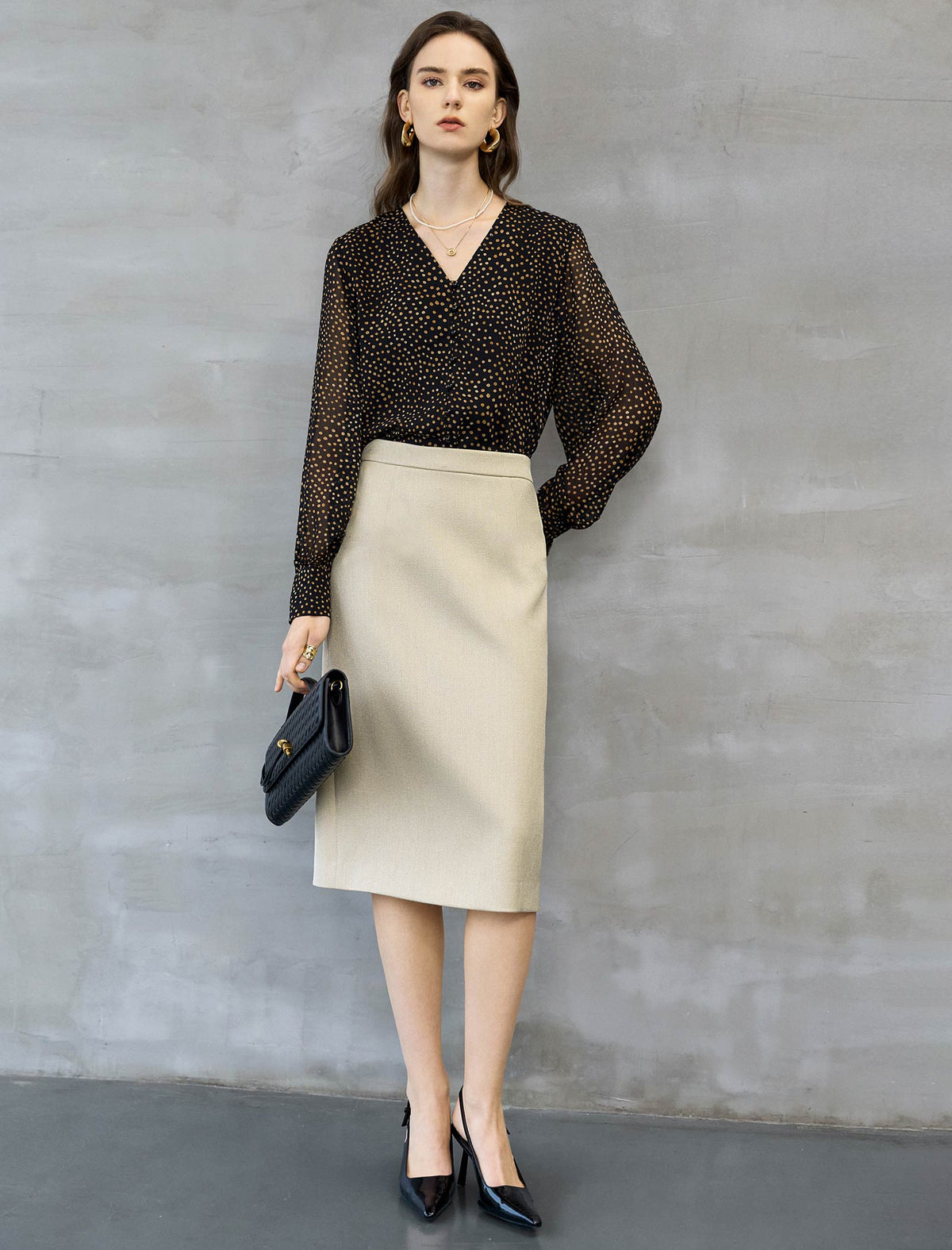 Champagne Textured Midi Pencil Skirt