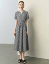 Gingham Puff Sleeve Drawstring Waist Midi Swing Dress