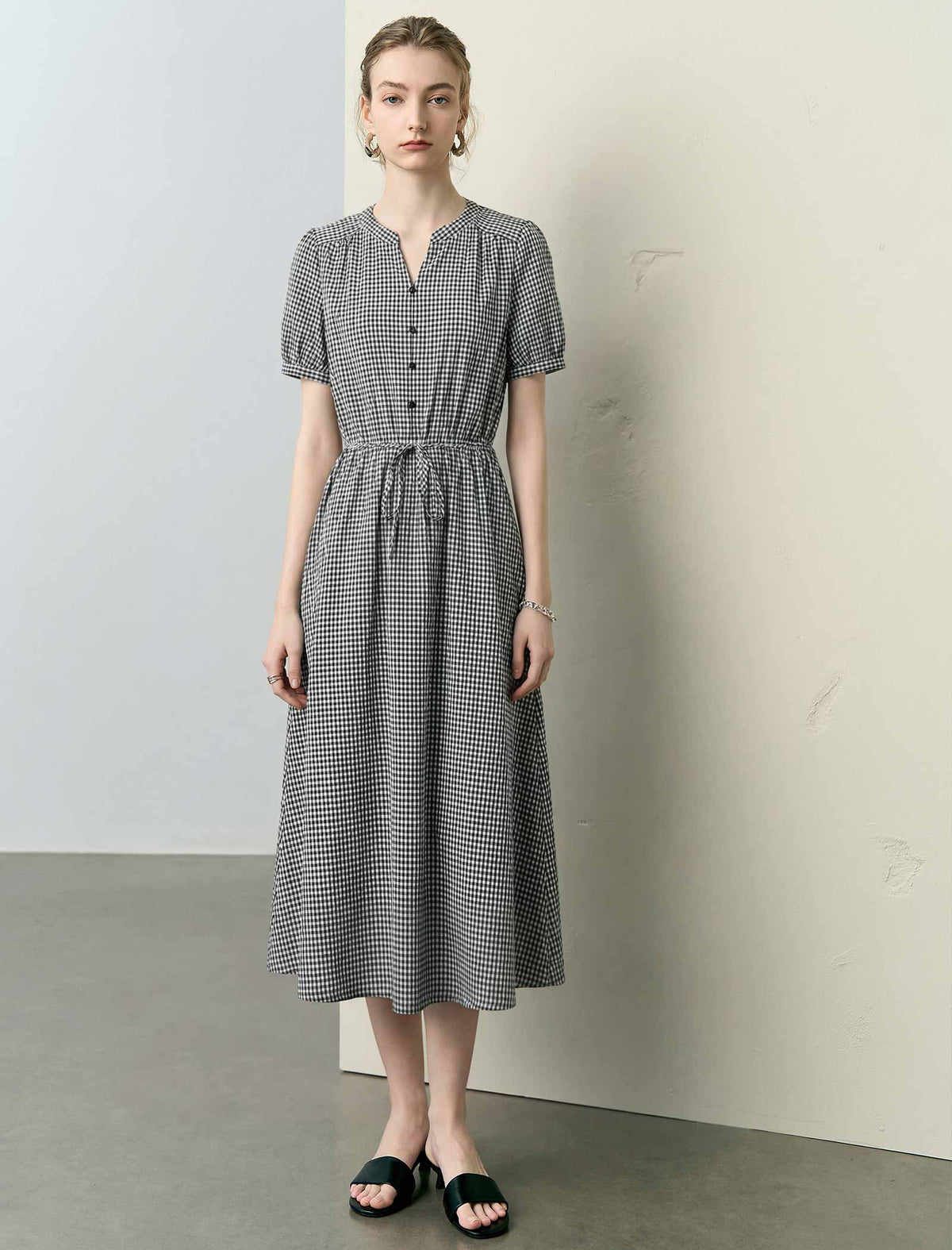 Gingham Puff Sleeve Drawstring Waist Midi Swing Dress