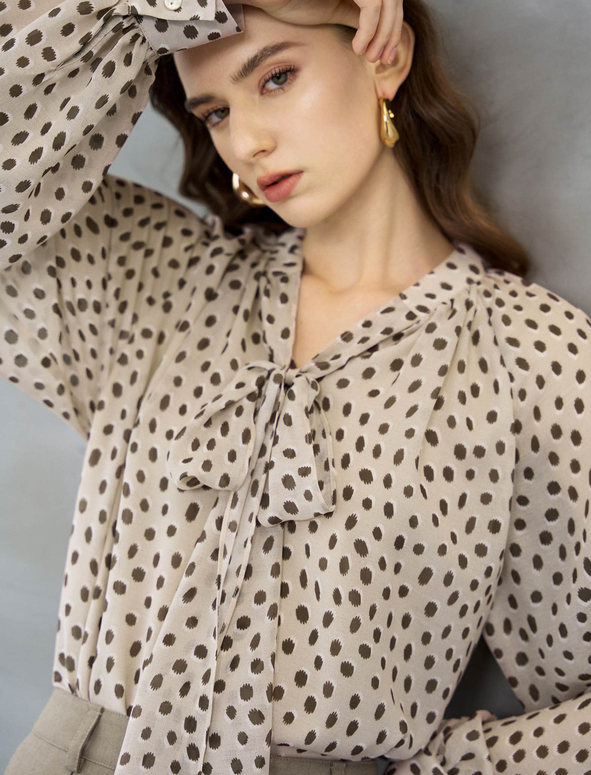 Oatmeal Ditsy Dot Tie-Neck Blouse