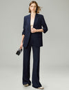 Navy Pinstripe Ruched Sleeves Blazer